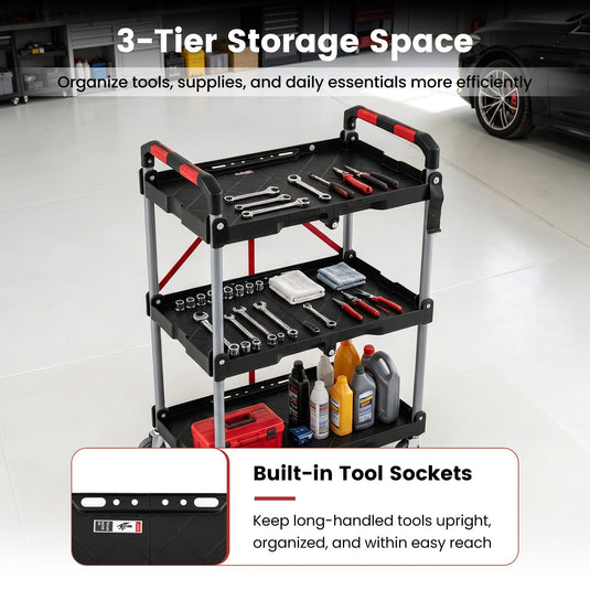 Goplus 3-Tier Folding Utility Cart w/Swivel Wheels | Tool-Free Assembly