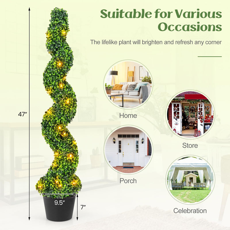Load image into Gallery viewer, Goplus 4FT Pre-Lit Artificial Spiral Boxwood Topiary Tree w/ 100 LED Lights, Nursery Pot, Indoor Outdoor Home Front Porch Holiday Decoration
