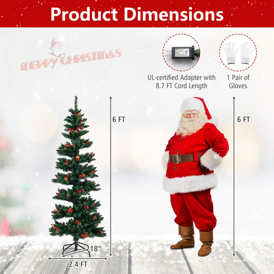 Goplus 6FT / 7FT Pre-Lit Spiral Christmas Tree with Branch Tips Pine Cones Red Berries