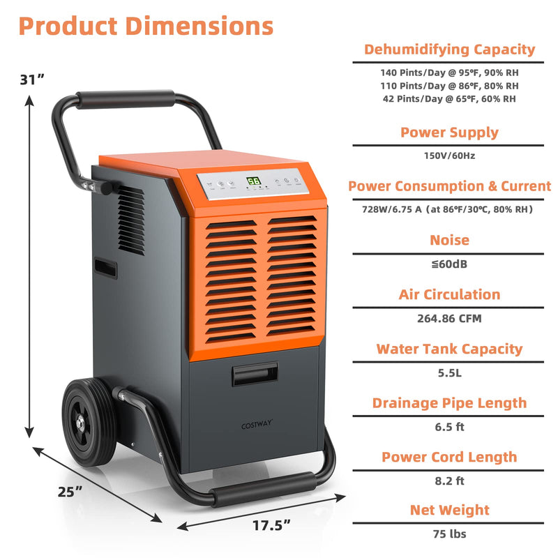 Load image into Gallery viewer, 140 pints Commercial Dehumidifier, Industrial Dehumidifier with 1.45 Gallon Water Tank &amp; Drainage Pipe
