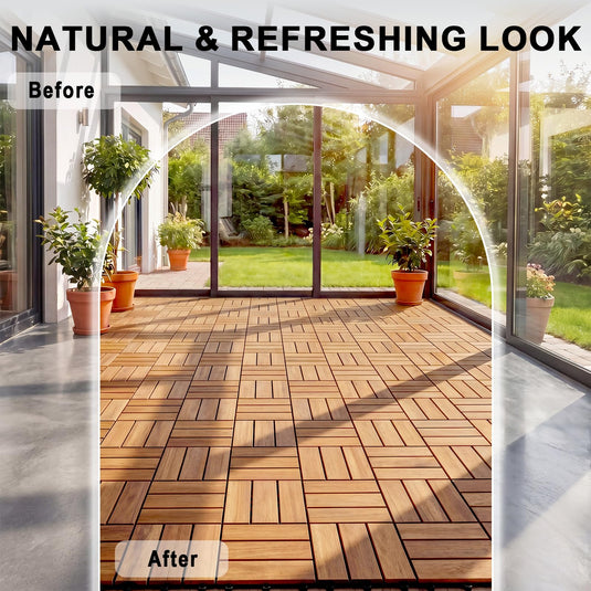 Goplus Checkered Acacia Wood Deck Tiles 12" x 12" Interlocking Floor Tiles for Patio