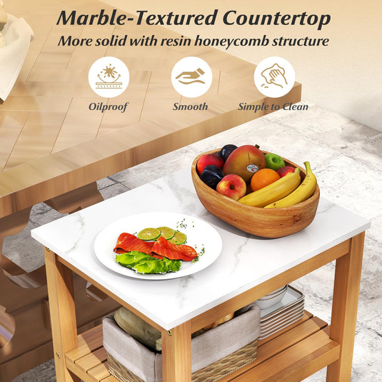 Goplus 3-Tier Patio Buffet Cabinet Bar Table with Faux Marble Countertop