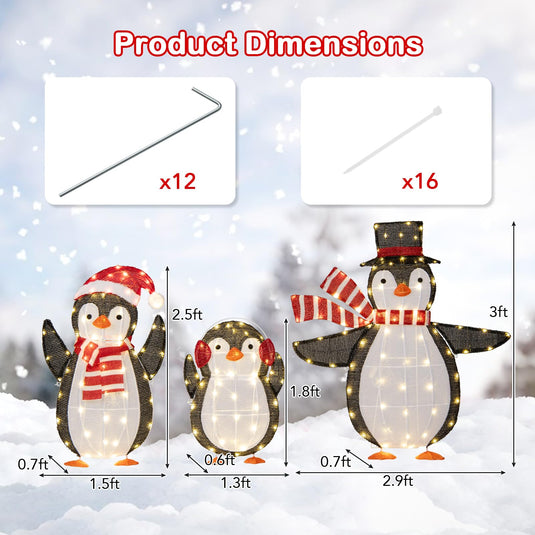 Goplus Set of 3 Lighted Christmas Penguins with LED Lights Outdoor Glowing Holiday Display