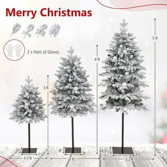Goplus 3' 4' 5' Pre-Lit Flocked Christmas Tree Set of 3 | Battery Operated Artificial Snowy Xmas Trees