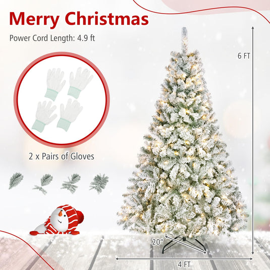 Goplus 6ft/7.5ft Pre-Lit Snow Flocked Christmas Tree with LED Lights | Holiday Decoration Snowy Tree