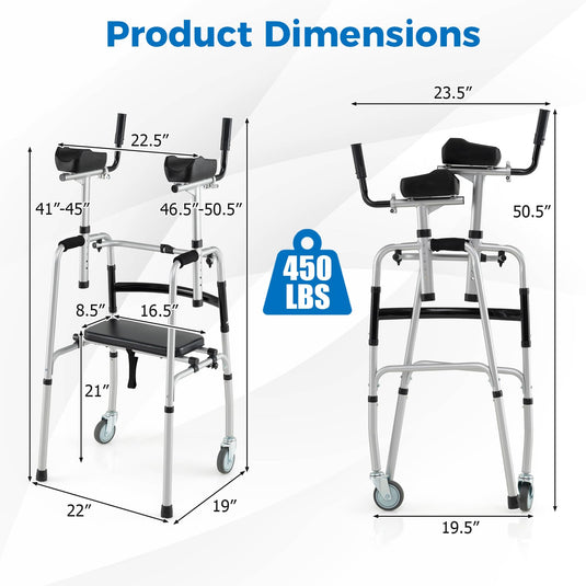 Goplus Folding Walker 450 Lbs Foldable Standard Walker with 5'' Wheels Seat and Removable Armrests