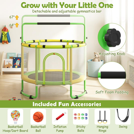 Goplus Trampoline for Kids with Enclosure Adjustable Gymnastics Bar Swing & Basketball Hoop