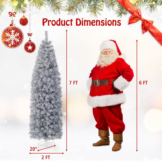Goplus 7ft Pre-Lit Artificial Pencil Christmas Tree with 350 Cool-White LED Lights