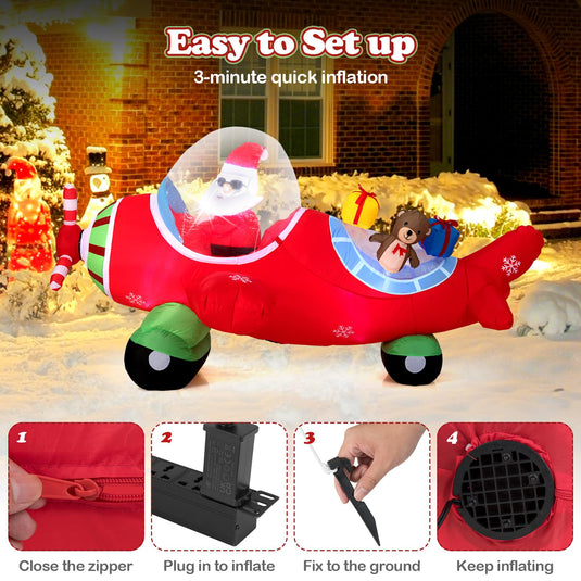 Goplus 7.2 Ft Animated Inflatable Santa on Plane Pre-lit Blow up Yard Decoration