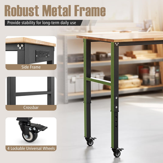 Goplus 46 Inch Adjustable Height Workbench with Power Outlets and Wheels