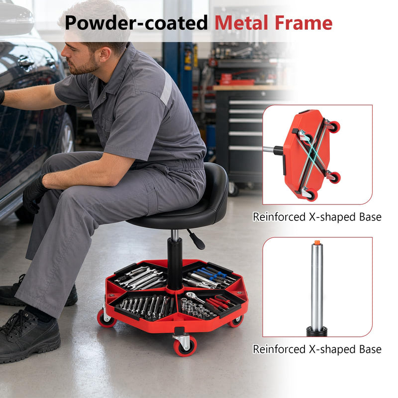 Load image into Gallery viewer, Goplus Rolling Mechanic Stool with Tool Storage Tray | PU Leather Seat Cushion
