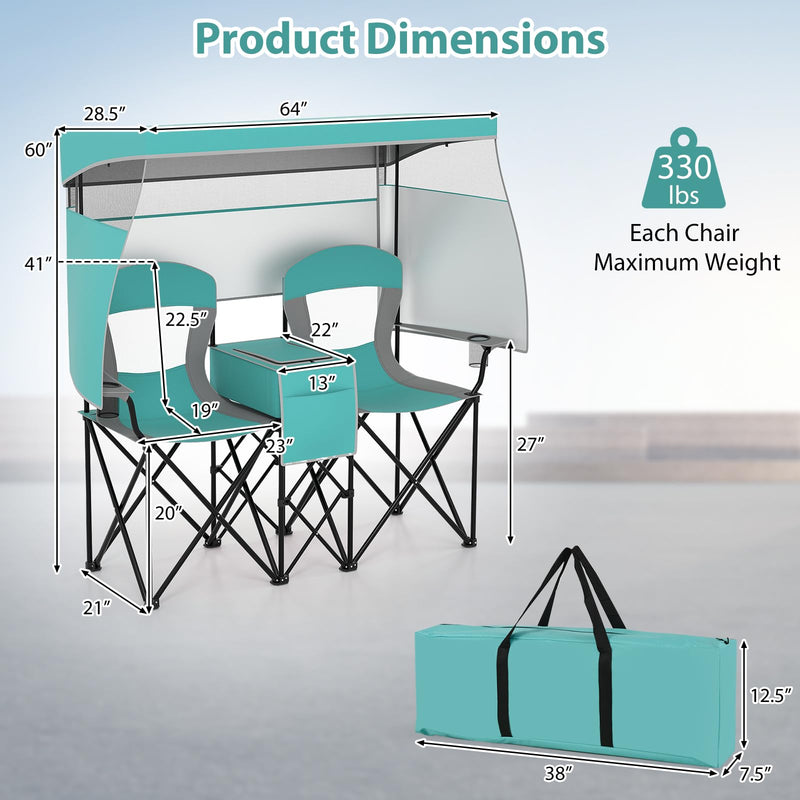 Load image into Gallery viewer, Goplus Double Beach Chair w/Roll-up Shade Cooler Bag Cup Holders Carrying Bag
