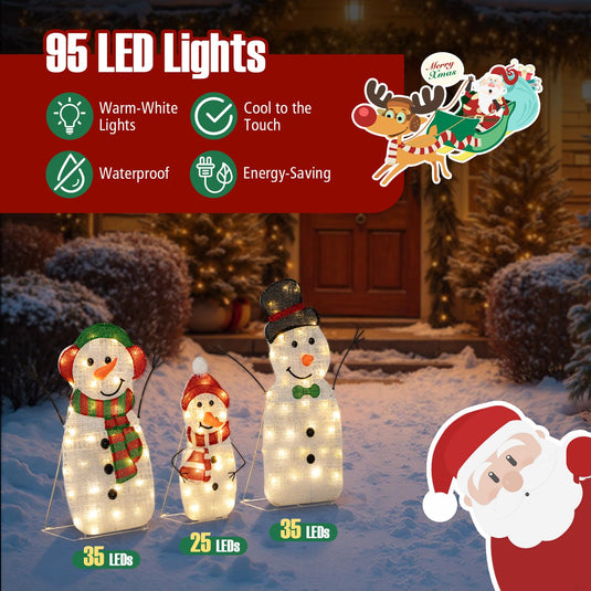 Lighted Snowman Family Christmas Decoration 3-Piece Pre-Lit 2D Snowman Set