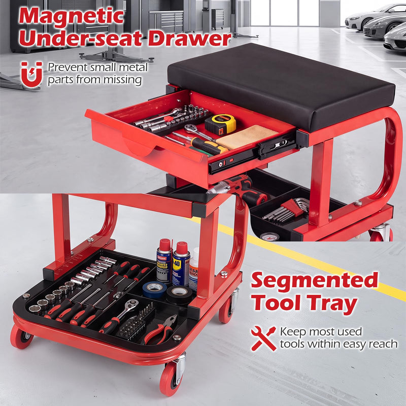 Load image into Gallery viewer, Goplus Mechanic Rolling Stool w/Tool Trays and Magnetic Drawer | 330 LBS Capacity
