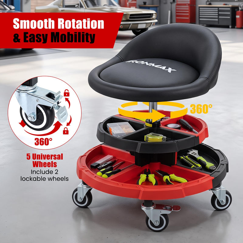 Load image into Gallery viewer, Goplus 360° Rolling Mechanic Stool with 2 Tool Storage Trays
