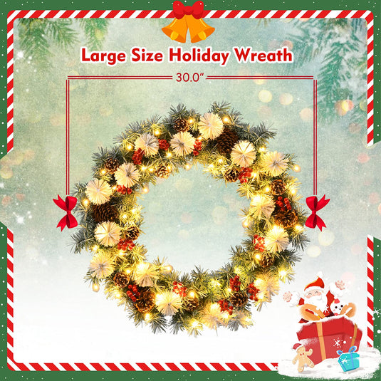 Goplus 30” Pre-lit Christmas Wreath Snow Flocked Lighted Xmas Wreath w/ 50 LED Lights