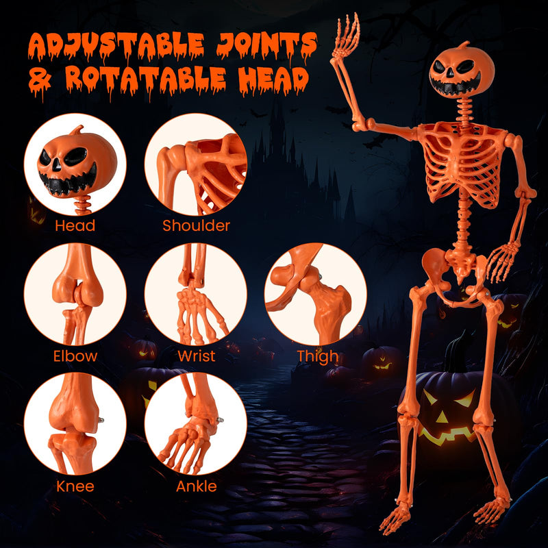 Load image into Gallery viewer, Goplus 5.2 Ft Life-Size Posable Skeleton with Pumpkin Head Halloween Orange Skeleton Decoration
