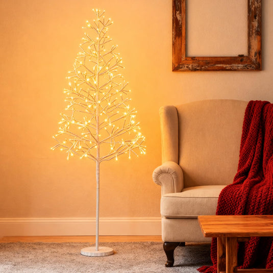 Goplus LED Birch Tree, 5/6/7 FT Pre-lit Twig Tree with Warm White Light LED Lights, Weighted Base