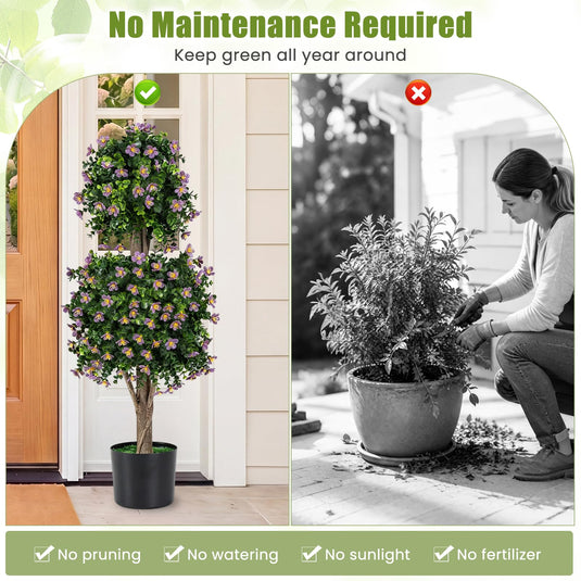 Goplus Set of 2 Artificial Topiary Trees | Realistic Evergreen Plant w/ 2 Topiary Balls and Blossoms