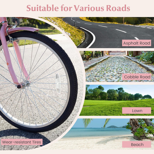 Goplus 24/26-Inch Beach Cruiser Bike for Women w/ Cup Holder Basket & Front Rear Reflectors