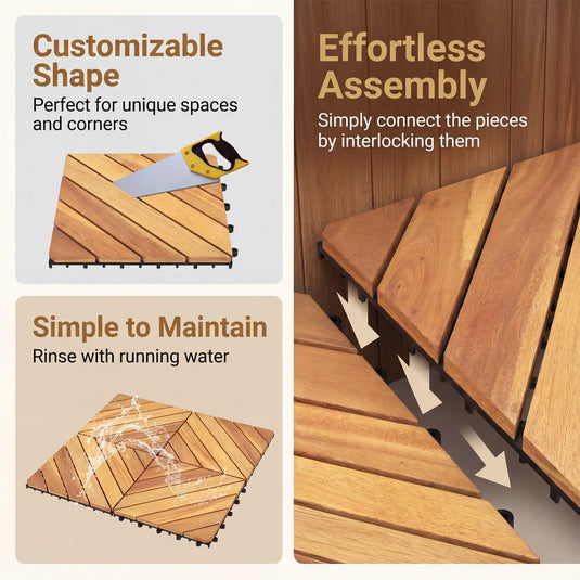 Goplus 24/48-Pack Acacia Wood Interlocking Deck Tiles (Diagonal) | Outdoor Waterproof