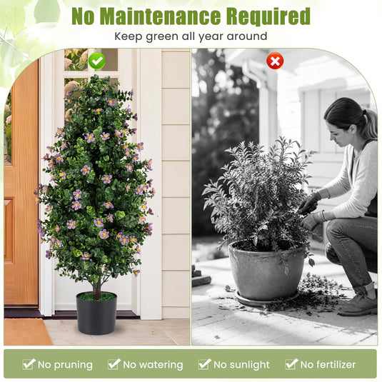 Goplus Set of 2 Artificial Topiary Trees | 3 FT Fake Bushes w/ Round Leaves and Blossoms