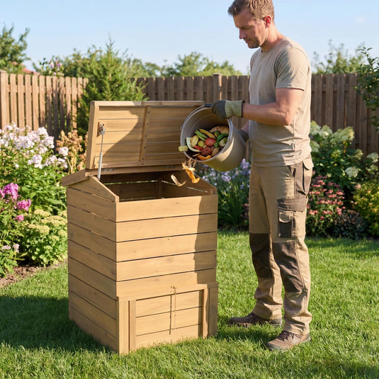 Goplus 48 Gallon Solid Wood Compost Bin w/Lockable Sliding Door and Flip-top Opening