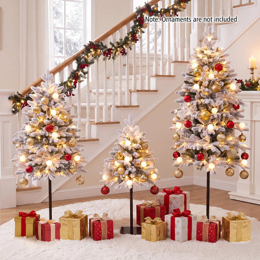 Goplus 3' 4' 5' Pre-Lit Flocked Christmas Tree Set of 3 | Battery Operated Artificial Snowy Xmas Trees