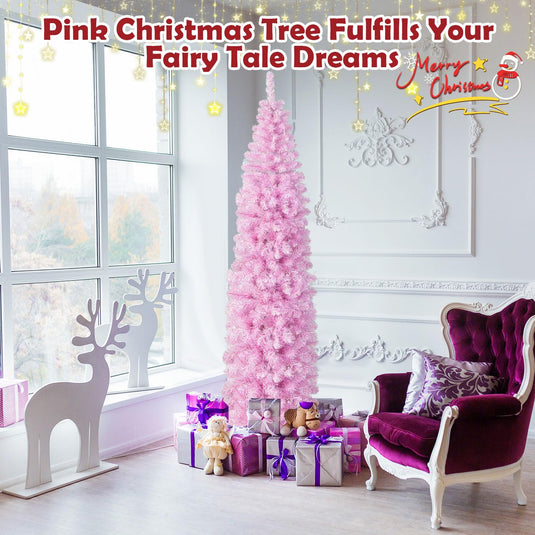 Goplus 7 FT Pre-Lit Pencil Christmas Tree with 670 Branch Tips & 350 Cold White LED Lights
