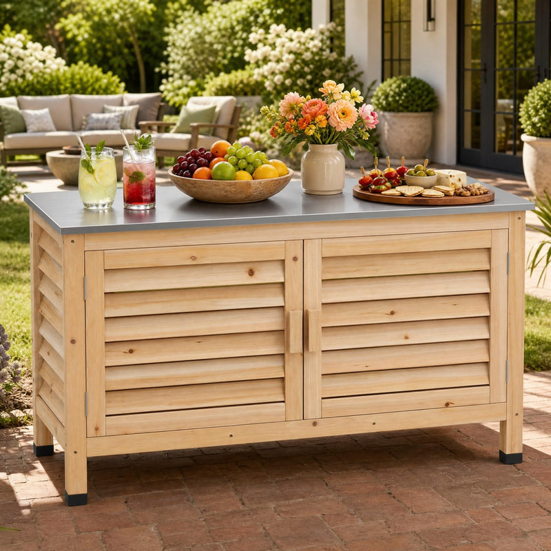 Load image into Gallery viewer, Goplus Patio Storage Cabinet | Fir Wood Sideboard with Stainless Steel Countertop
