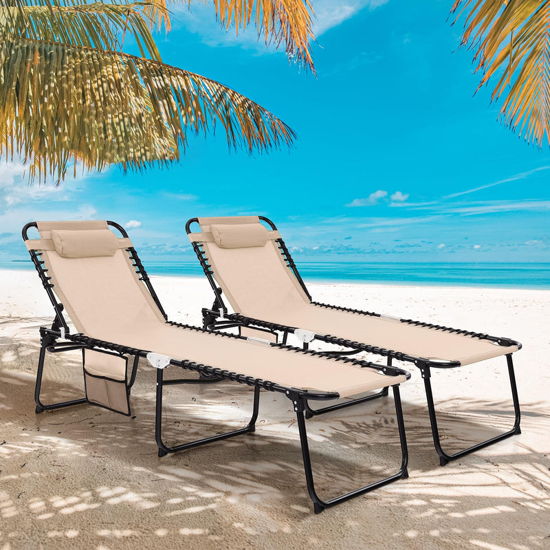 Load image into Gallery viewer, Goplus Beach Lounge Chair, Folding Chaise Lounger with Detachable Pillow &amp; Adjustable 4-Level Backrest &amp; 2-Level Footrest
