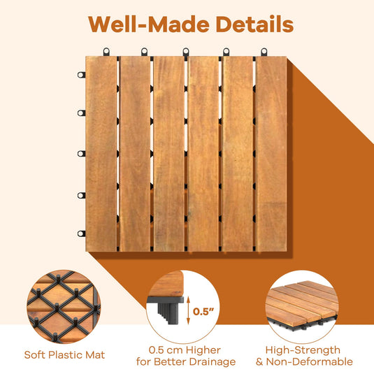 Goplus 12” x 12” Stripe Pattern Acacia Wood Patio Tiles ( 27 PCS )