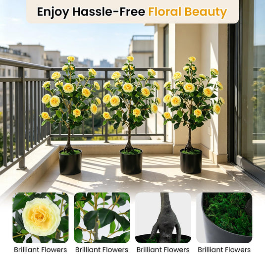 Goplus 35.5" Artificial Camellia Tree Faux Floral Plant Blooming Tree in Cement Pot