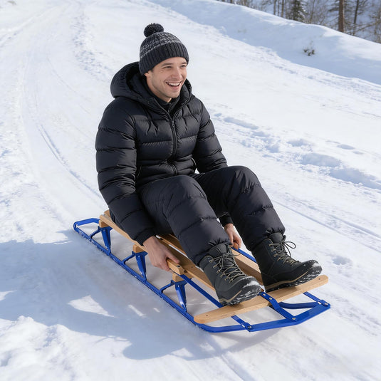 Goplus 54” Steel & Wooden Pull Sleigh Snow Slider Toddler Toboggan with Metal Runners and Steering Bar