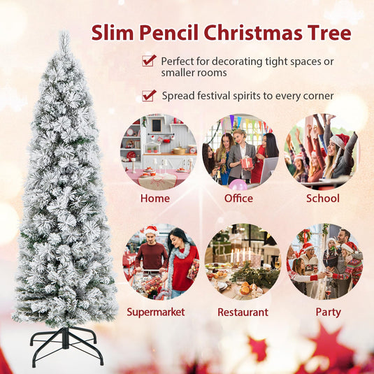 Goplus Pre-Lit Snow Flocked Pencil Christmas Tree for Home Office Holiday Decor