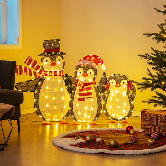 Goplus Set of 3 Lighted Christmas Penguins with LED Lights Outdoor Glowing Holiday Display