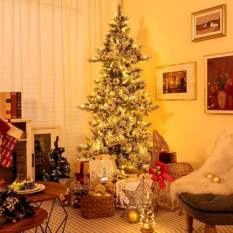 Load image into Gallery viewer, Goplus 7 FT Pre-Lit Snow Flocked Christmas Tree, Artificial Hinged Xmas Tree with 1057 PVC &amp; Pine Needles Branch Tip
