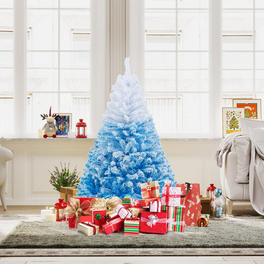 Goplus Snow Flocked Christmas Tree with Lush Branch Tips & Foldable Metal Stan ( Blue Gradient & White )