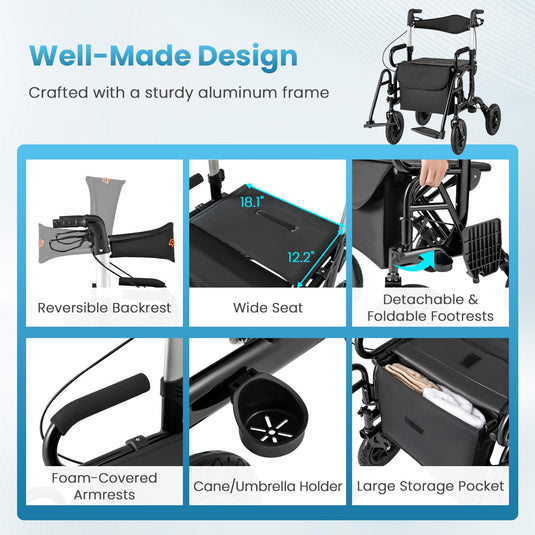 2 in 1 Folding Rolling Rollator Walker & Wheelchair Combo with Brakes