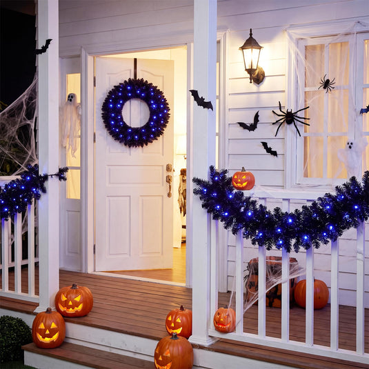 Goplus 24" Black Halloween Wreath and 9 ft Garland Set for Christmas