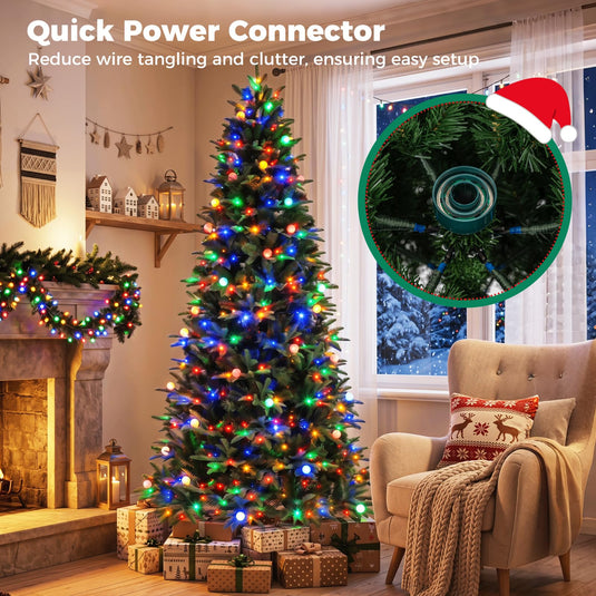 Goplus 7ft/8ft Pre-Lit Artificial Christmas Tree with Quick Power Connector Hinged Xmas Tree Home Holiday Decoration