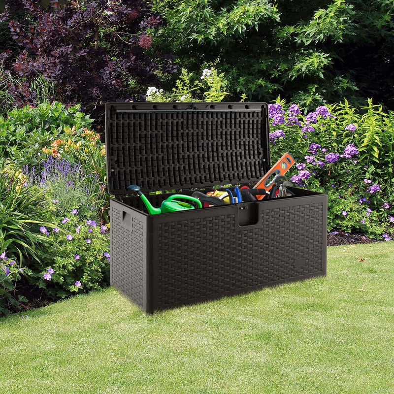 Load image into Gallery viewer, Goplus Outdoor Storage Box, 31 73 100 Gallon Waterproof Resin Patio Storage Box with Lockable Lid, Side Handle for Pillows, Cushions
