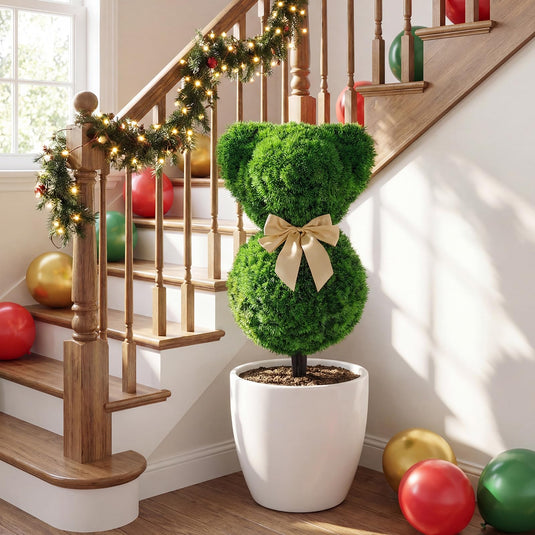 Goplus 2 Pcs Teddy Bear Topiary Trees 16.5”Sun-Resistant Faux Boxwood Plants