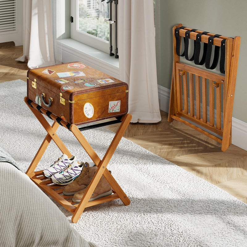 Load image into Gallery viewer, Goplus Luggage Rack Set of 2 or 4 Folding Acacia Wooden Suitcase Stand

