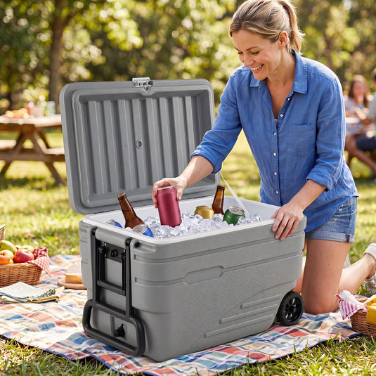 Goplus Portable Wheeled Ice Cooler All-Weather HDPE Ice Chest with Foldable Pull & Carry Handles