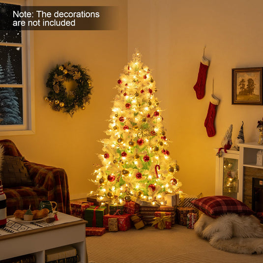 Goplus 6FT / 7FT Hinged Lighted Xmas Tree with Snow Flocked Branch Tips & LED Lights
