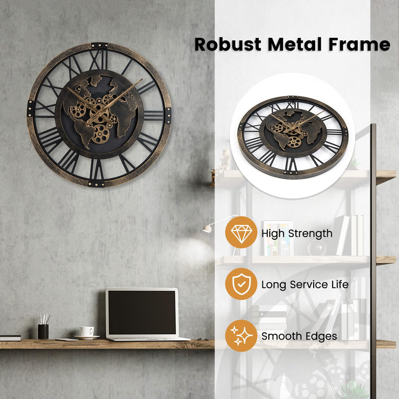 Load image into Gallery viewer, Goplus 27" Gear Clock with World Map | Non-Ticking Decorative Metal Clock with Moving Gears
