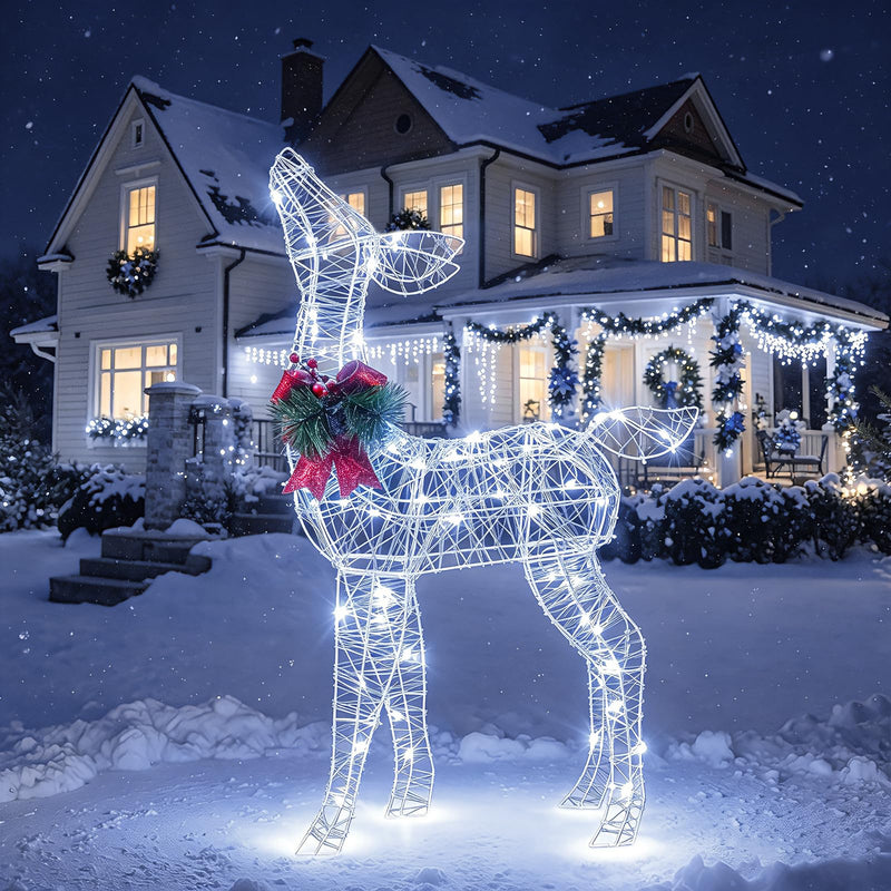 Load image into Gallery viewer, Goplus Christmas Pre-Lit Reindeer | 50 Cold White LED Lights &amp; Red Bow Stakes &amp; Zip Ties Included
