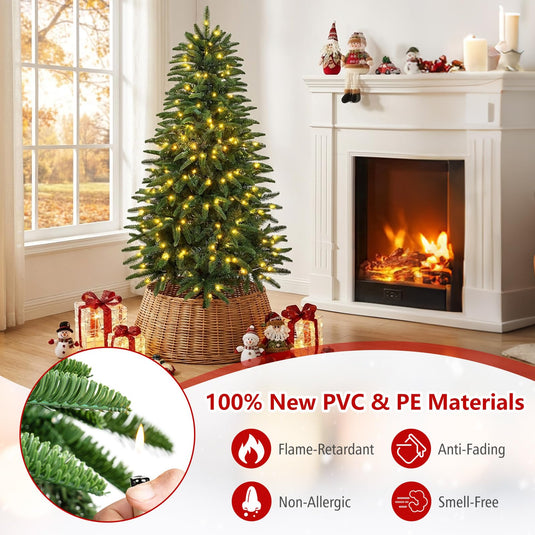 Goplus 5ft/6ft/7ft Pre-Lit Hinged Christmas Tree with 3 Lighted Gift Boxes