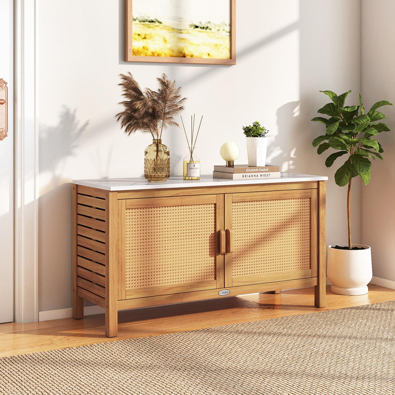 Load image into Gallery viewer, Goplus Outdoor Acacia Wood Storage Cabinet Outside Tool Cabinet with Fax Marble Top
